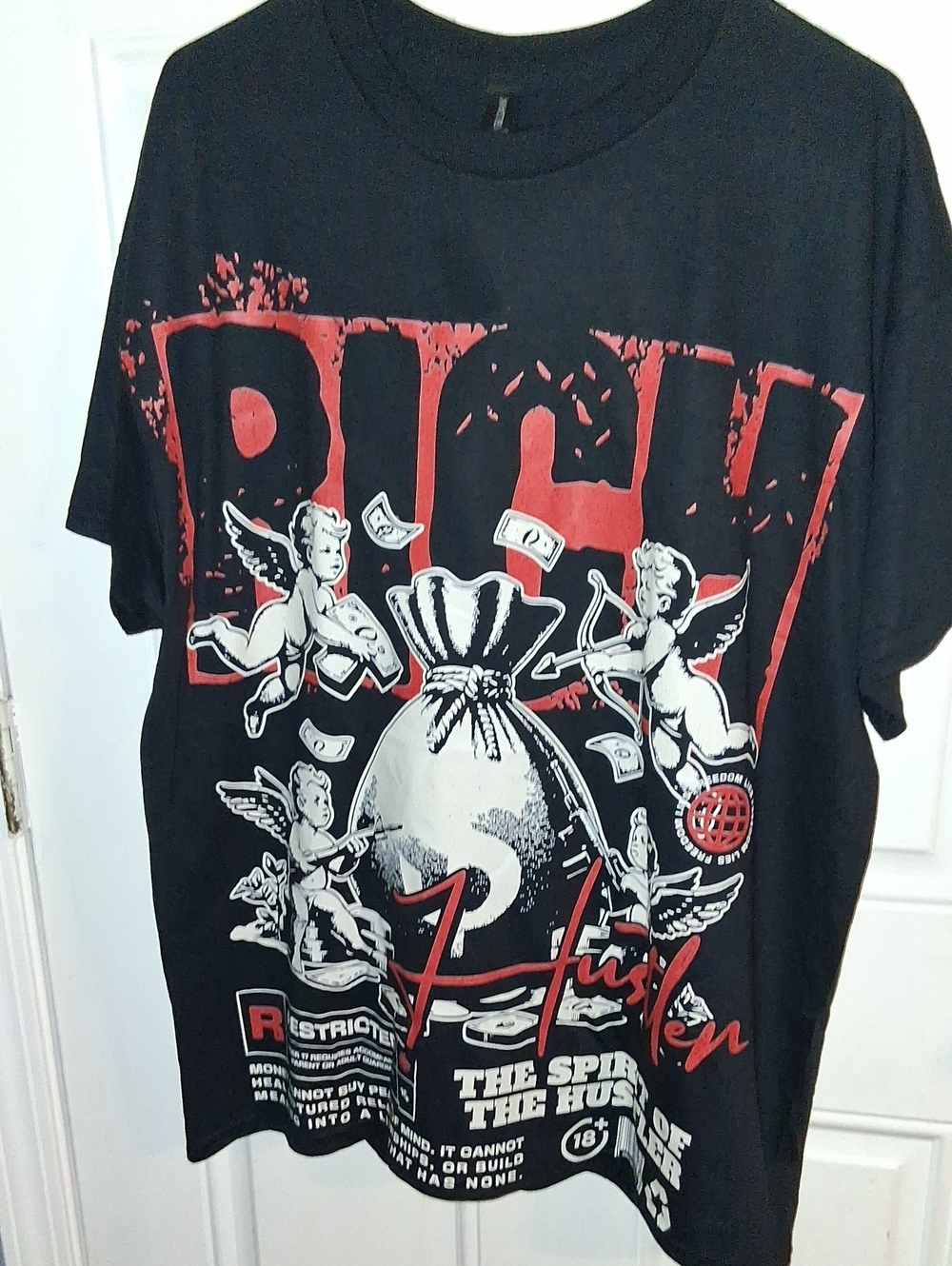 Rich Hustler Black Graphic Tee with Red and White Money Print